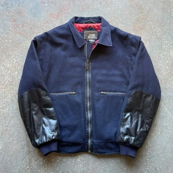 VTG 70s 80s John Henry Navy Wool Leather Trim Bomber Jacket Men's Size L Quilted - Picture 1 of 9